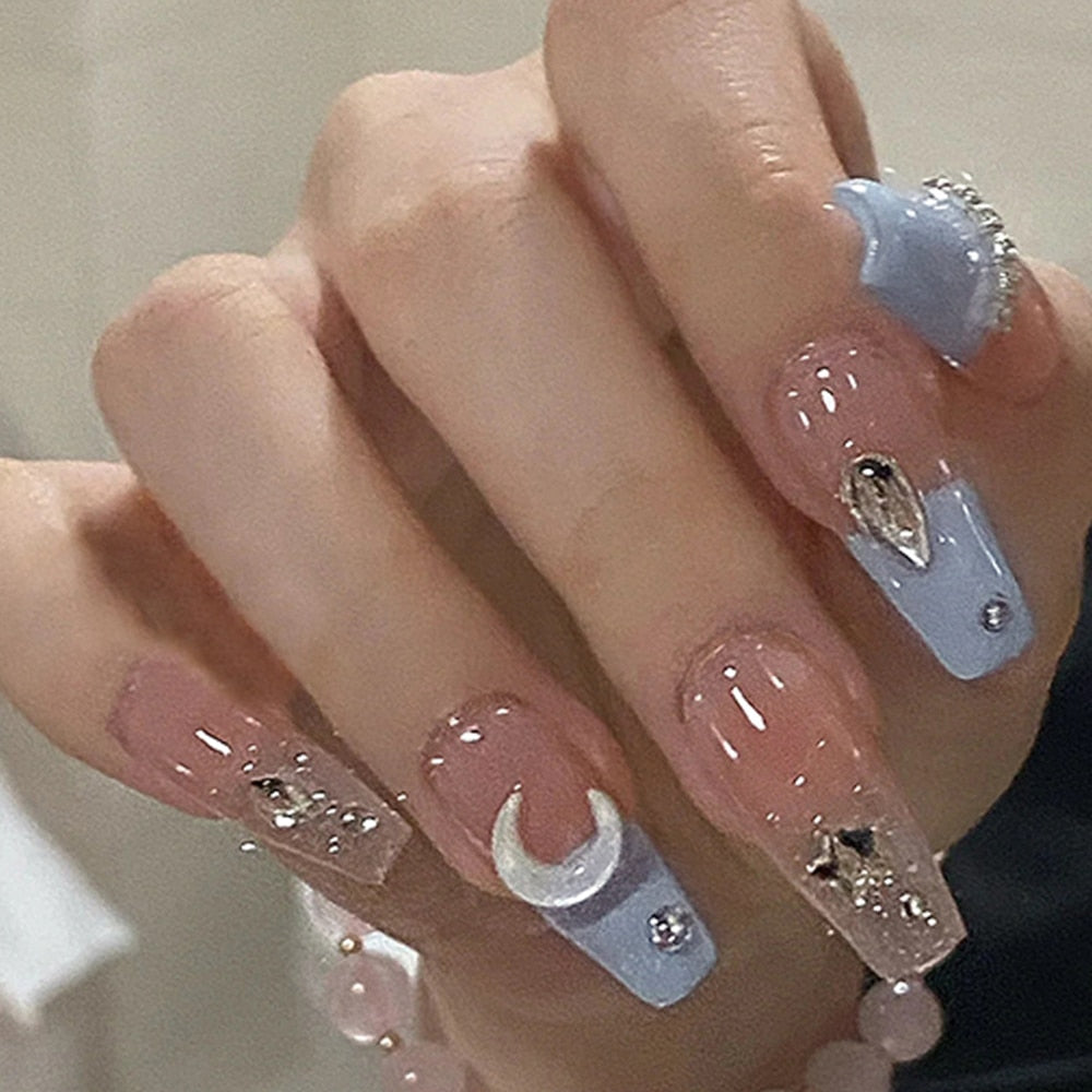 24pcs Fake Nails Press on Nails Y2k Korean False Nails Set Rhinestone Wearable Artificial Nails Reusable Long Coffin French Tips