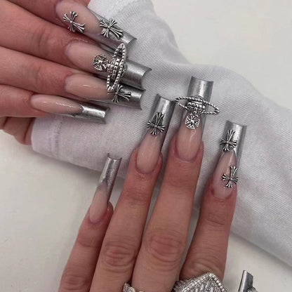 24pcs Fake Nails Press on Nails Y2k Korean False Nails Set Rhinestone Wearable Artificial Nails Reusable Long Coffin French Tips