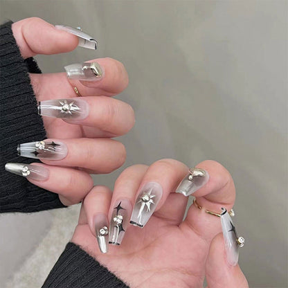 24pcs Fake Nails Press on Nails Y2k Korean False Nails Set Rhinestone Wearable Artificial Nails Reusable Long Coffin French Tips