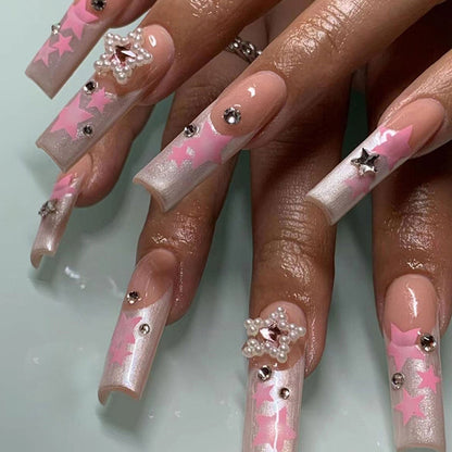 24pcs Fake Nails Press on Nails Y2k Korean False Nails Set Rhinestone Wearable Artificial Nails Reusable Long Coffin French Tips