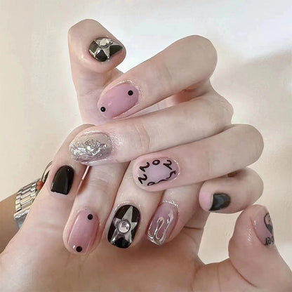24pcs Fake Nails Press on Nails Y2k Korean False Nails Set Rhinestone Wearable Artificial Nails Reusable Long Coffin French Tips