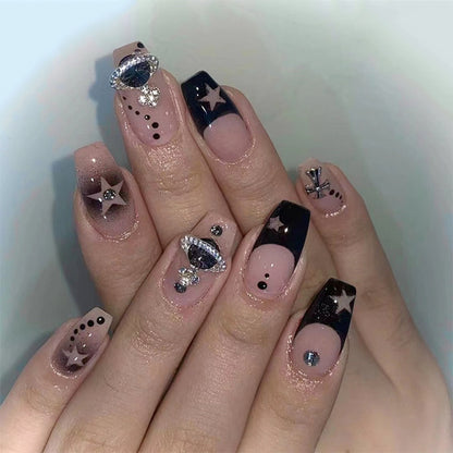 24pcs Fake Nails Press on Nails Y2k Korean False Nails Set Rhinestone Wearable Artificial Nails Reusable Long Coffin French Tips