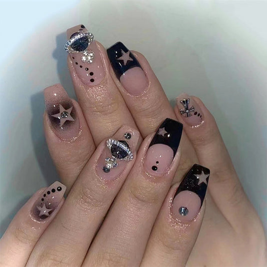 24pcs Fake Nails Press on Nails Y2k Korean False Nails Set Rhinestone Wearable Artificial Nails Reusable Long Coffin French Tips