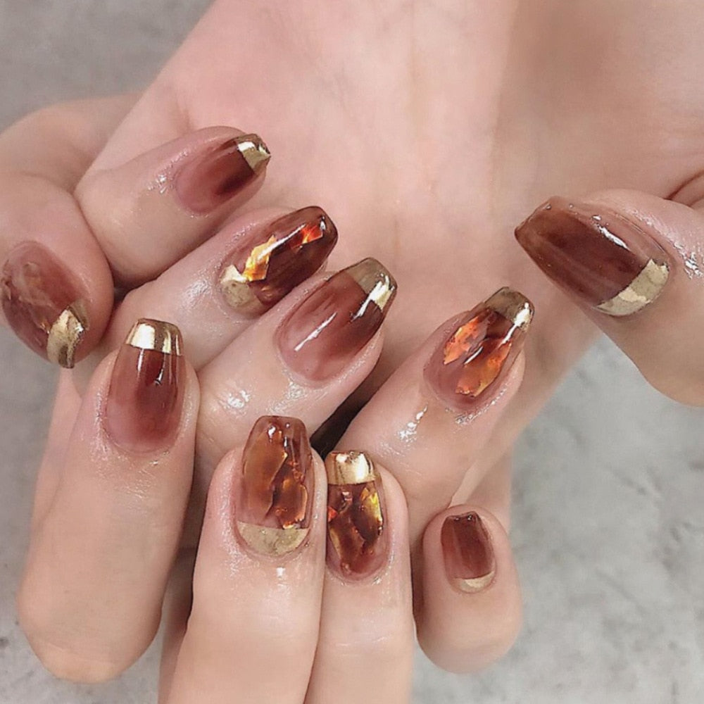 24pcs False Nail French Gold Coffee Color Coffin Fake Nail Patch Wearable Full Cover Nails for Girl Press on Nail Tips Wholesale