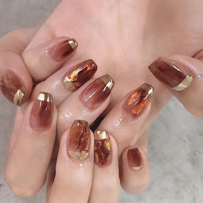 24pcs False Nail French Gold Coffee Color Coffin Fake Nail Patch Wearable Full Cover Nails for Girl Press on Nail Tips Wholesale