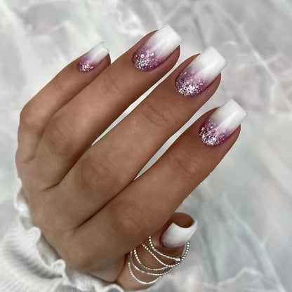24pcs False Nail Full Cover Fake Nail Elegant Pink Gradient Glitter French Short Nails Coffin Short False Nail Press On Nails