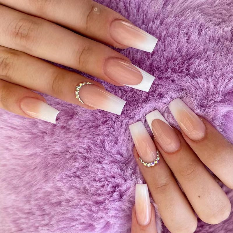 24pcs French rhinstones artifical nails with glue full cover fake nails detachable coffin false nail tips bling press on nails