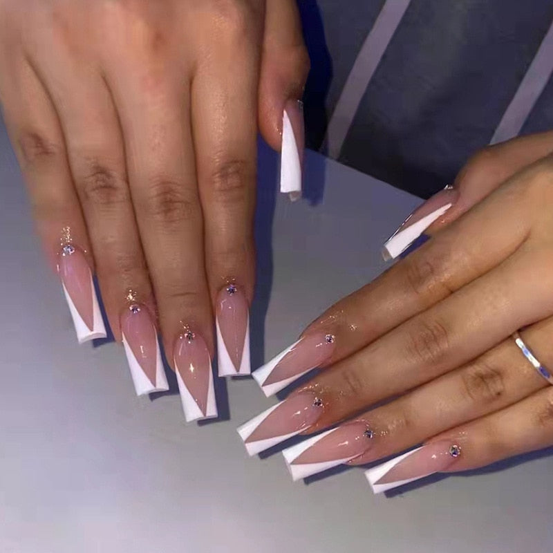 24pcs French rhinstones artifical nails with glue full cover fake nails detachable coffin false nail tips bling press on nails