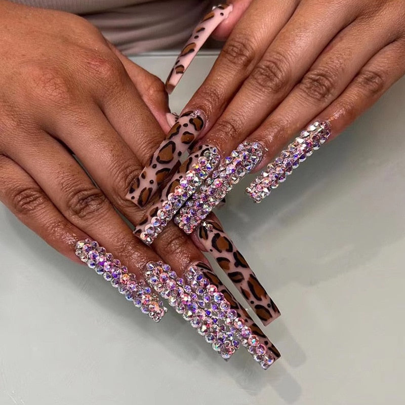 24pcs French rhinstones artifical nails with glue full cover fake nails detachable coffin false nail tips bling press on nails