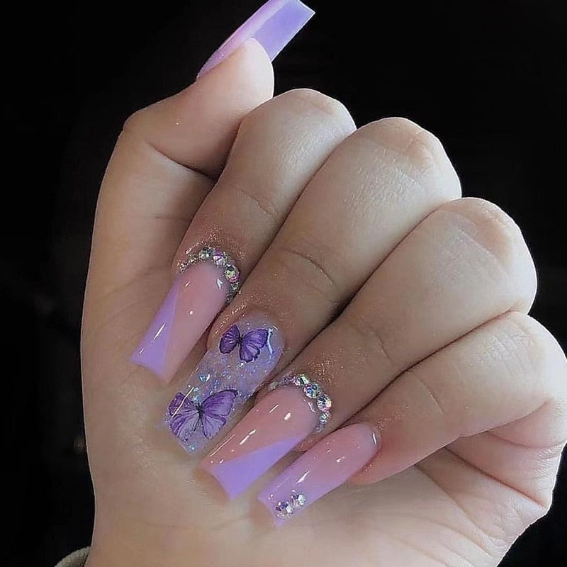 24pcs French rhinstones artifical nails with glue full cover fake nails detachable coffin false nail tips bling press on nails