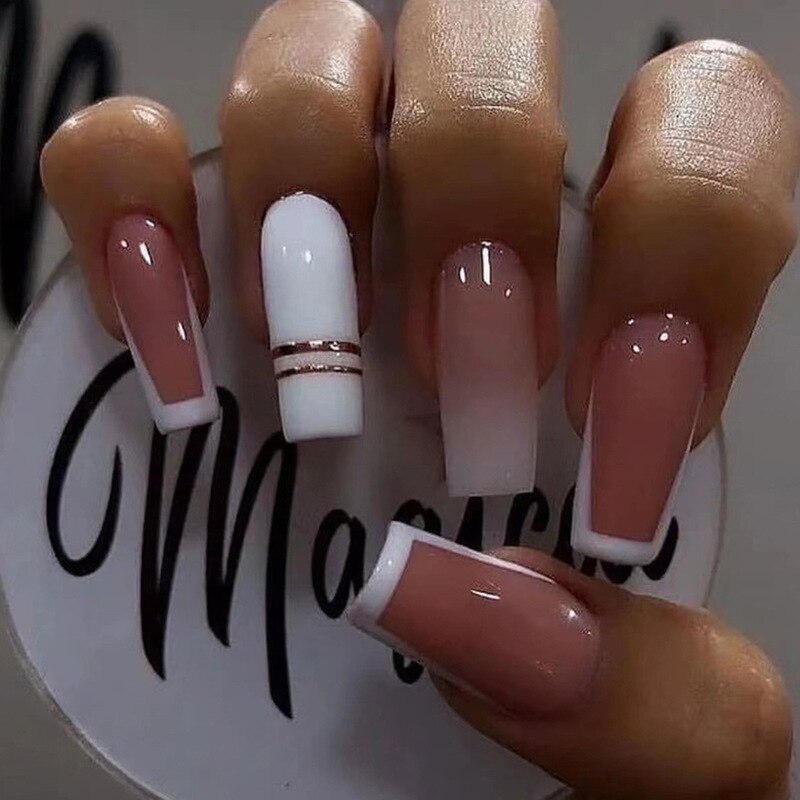 24pcs French rhinstones artifical nails with glue full cover fake nails detachable coffin false nail tips bling press on nails
