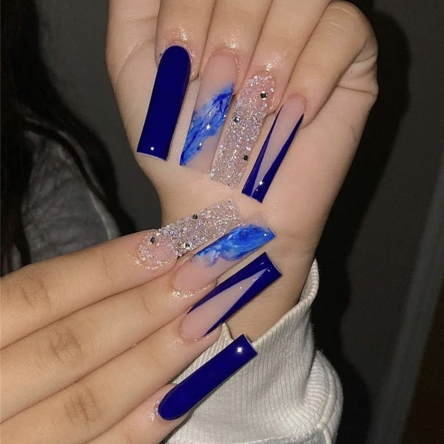 24pcs French rhinstones artifical nails with glue full cover fake nails detachable coffin false nail tips bling press on nails