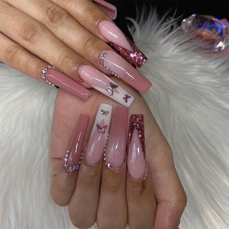 24pcs French rhinstones artifical nails with glue full cover fake nails detachable coffin false nail tips bling press on nails