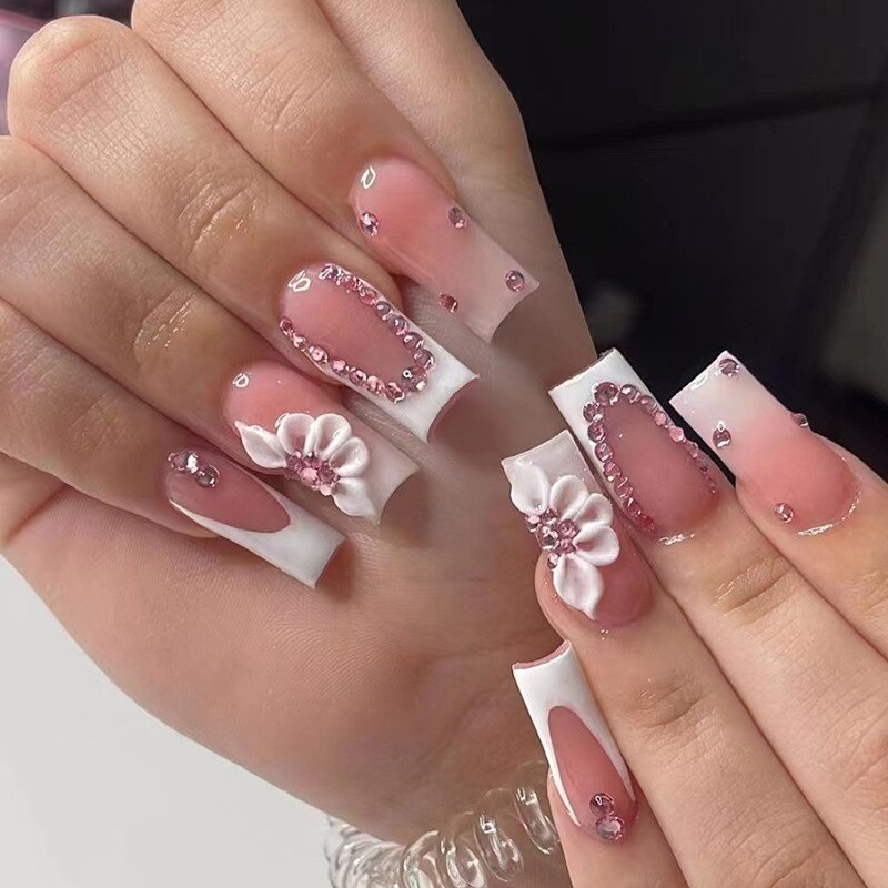 24pcs French rhinstones artifical nails with glue full cover fake nails detachable coffin false nail tips bling press on nails