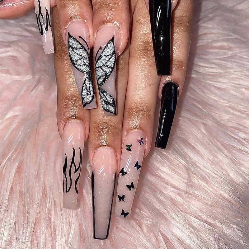 24pcs French rhinstones artifical nails with glue full cover fake nails detachable coffin false nail tips bling press on nails