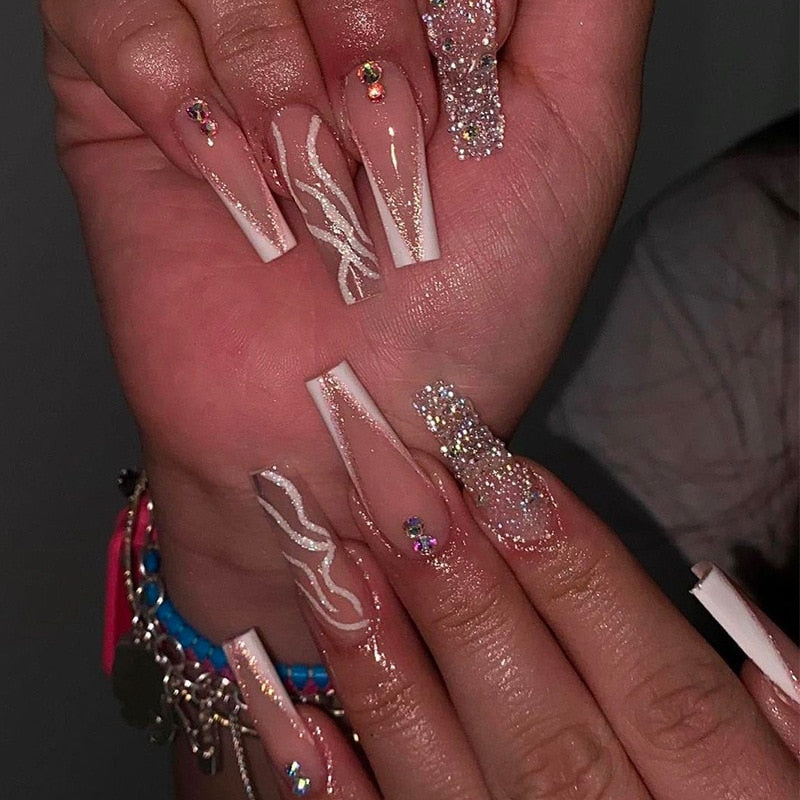 24pcs French rhinstones artifical nails with glue full cover fake nails detachable coffin false nail tips bling press on nails