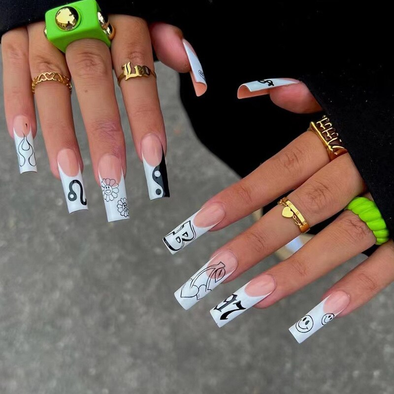 24pcs French rhinstones artifical nails with glue full cover fake nails detachable coffin false nail tips bling press on nails