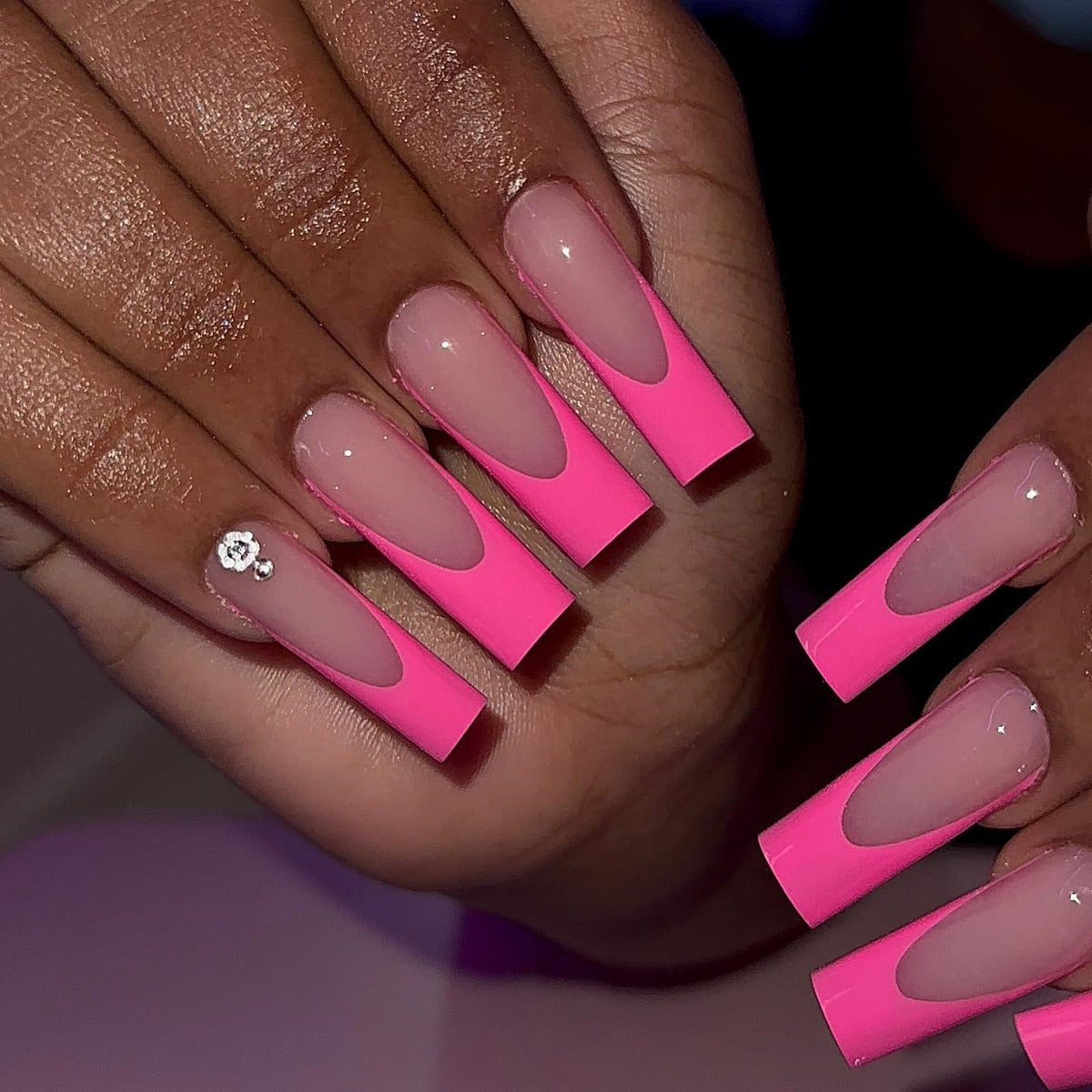 24pcs French rhinstones artifical nails with glue full cover fake nails detachable coffin false nail tips bling press on nails