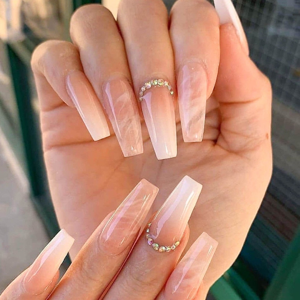 24pcs French rhinstones artifical nails with glue full cover fake nails detachable coffin false nail tips bling press on nails