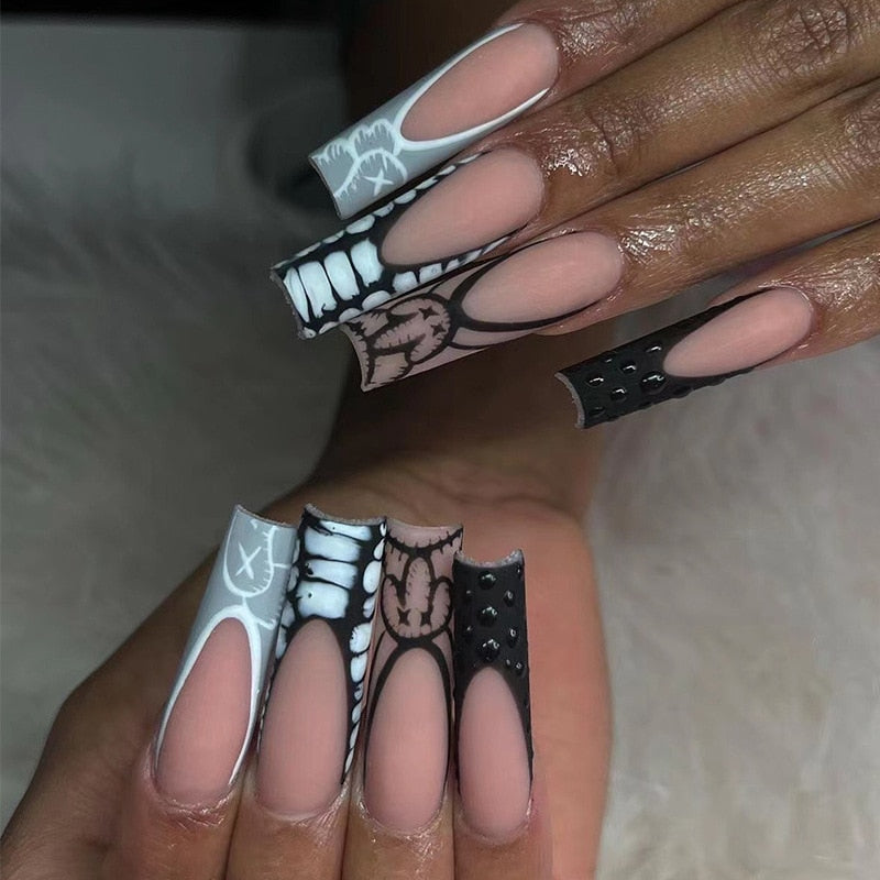 24pcs French rhinstones artifical nails with glue full cover fake nails detachable coffin false nail tips bling press on nails