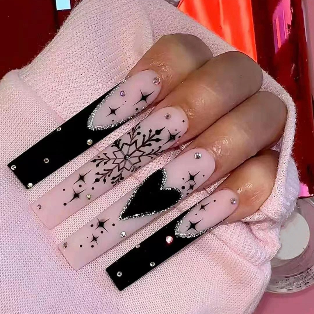 24pcs French rhinstones artifical nails with glue full cover fake nails detachable coffin false nail tips bling press on nails