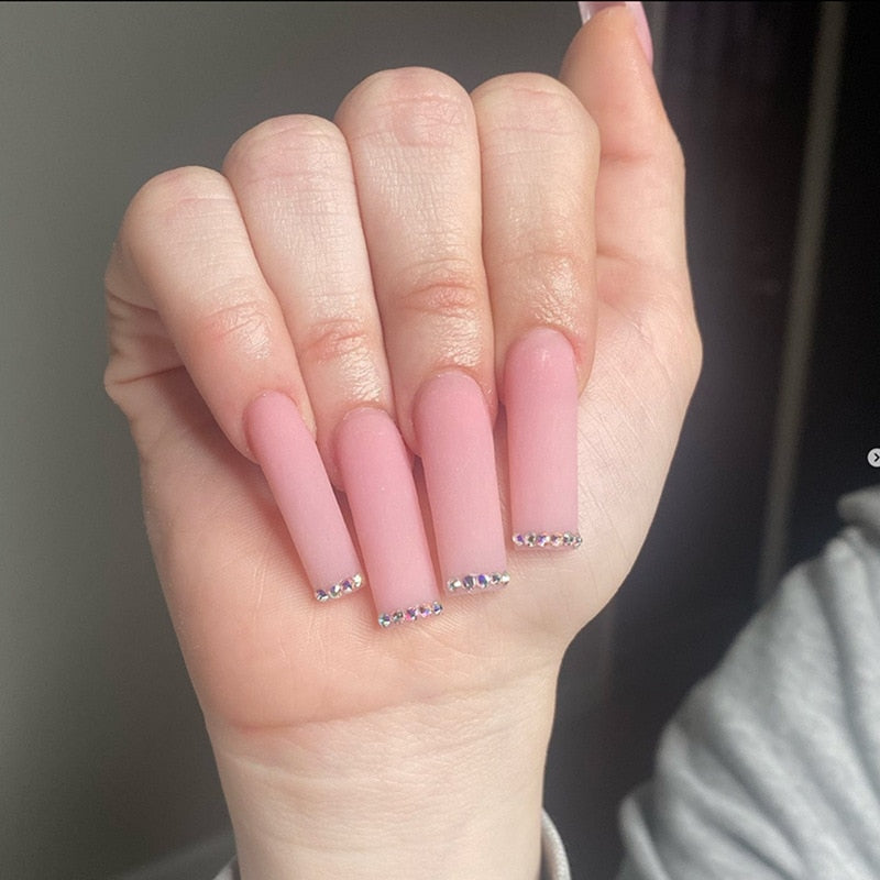 24pcs French rhinstones artifical nails with glue full cover fake nails detachable coffin false nail tips bling press on nails