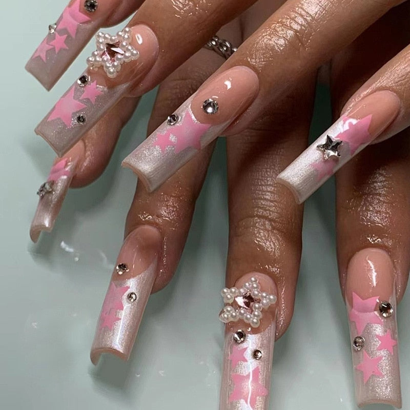 24pcs French rhinstones artifical nails with glue full cover fake nails detachable coffin false nail tips bling press on nails