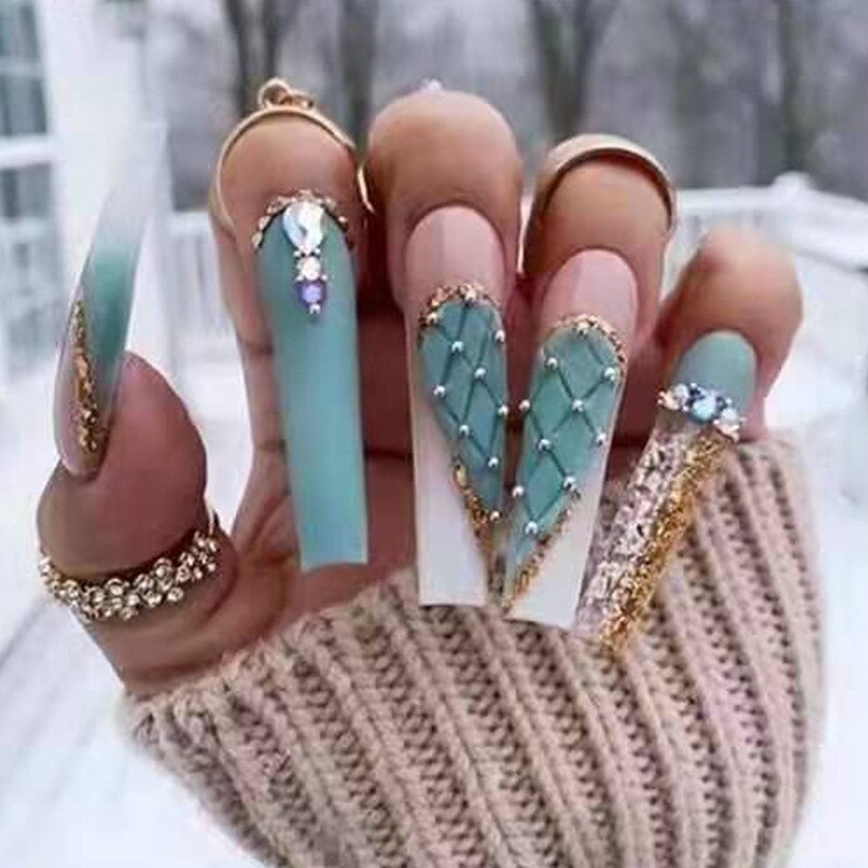 24pcs French rhinstones artifical nails with glue full cover fake nails detachable coffin false nail tips bling press on nails