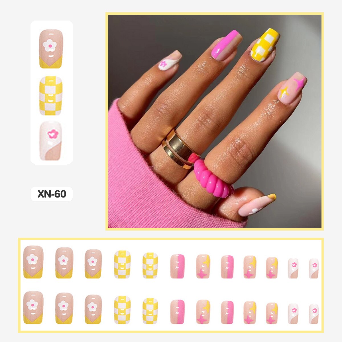 24pcs Girlish Colorful Graffiti Nail Art Fake Nails With Glue Pink Purple Short Press on False Nails With Wearing Tools