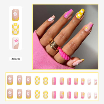 24pcs Girlish Colorful Graffiti Nail Art Fake Nails With Glue Pink Purple Short Press on False Nails With Wearing Tools
