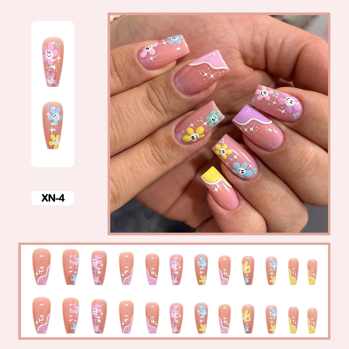 24pcs Girlish Colorful Graffiti Nail Art Fake Nails With Glue Pink Purple Short Press on False Nails With Wearing Tools