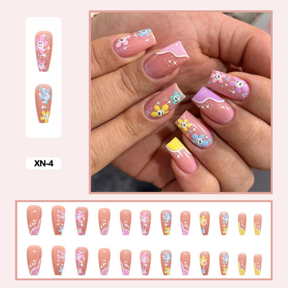 24pcs Girlish Colorful Graffiti Nail Art Fake Nails With Glue Pink Purple Short Press on False Nails With Wearing Tools