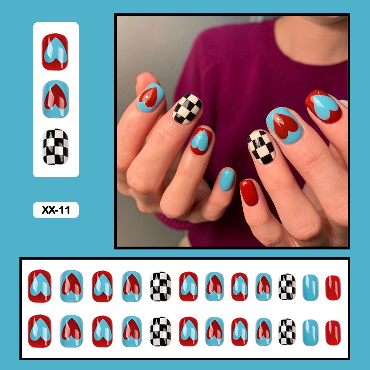 24pcs Girlish Colorful Graffiti Nail Art Fake Nails With Glue Pink Purple Short Press on False Nails With Wearing Tools