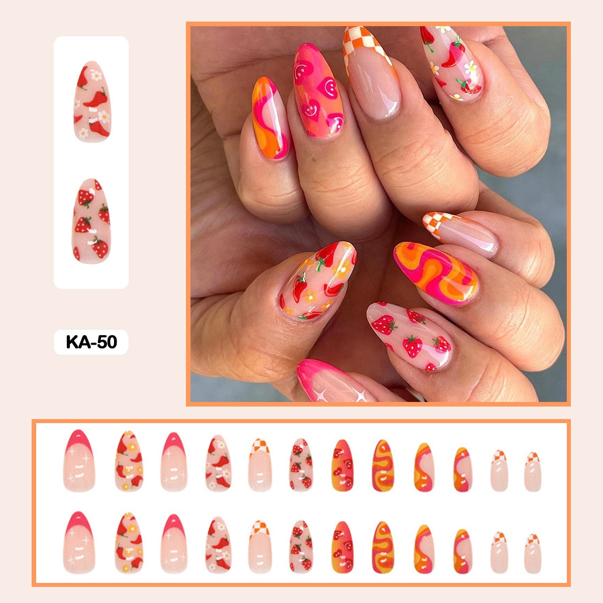24pcs Girlish Colorful Graffiti Nail Art Fake Nails With Glue Pink Purple Short Press on False Nails With Wearing Tools