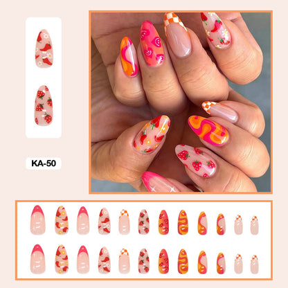 24pcs Girlish Colorful Graffiti Nail Art Fake Nails With Glue Pink Purple Short Press on False Nails With Wearing Tools