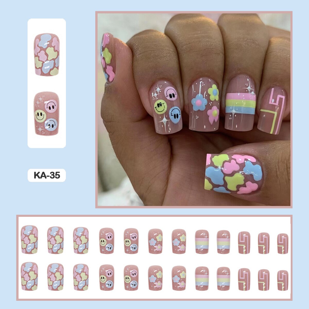 24pcs Girlish Colorful Graffiti Nail Art Fake Nails With Glue Pink Purple Short Press on False Nails With Wearing Tools