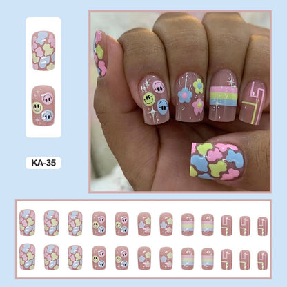 24pcs Girlish Colorful Graffiti Nail Art Fake Nails With Glue Pink Purple Short Press on False Nails With Wearing Tools