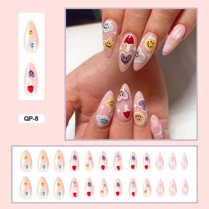 24pcs Girlish Colorful Graffiti Nail Art Fake Nails With Glue Pink Purple Short Press on False Nails With Wearing Tools