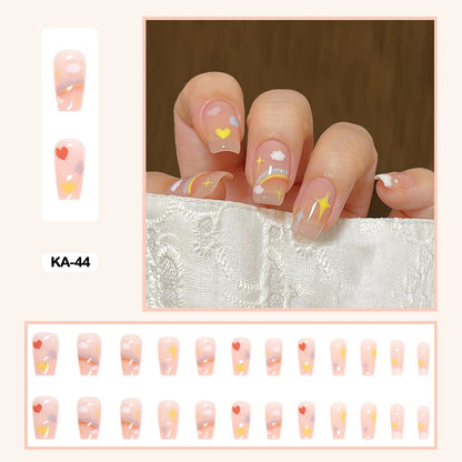 24pcs Girlish Colorful Graffiti Nail Art Fake Nails With Glue Pink Purple Short Press on False Nails With Wearing Tools