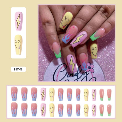 24pcs Girlish Colorful Graffiti Nail Art Fake Nails With Glue Pink Purple Short Press on False Nails With Wearing Tools