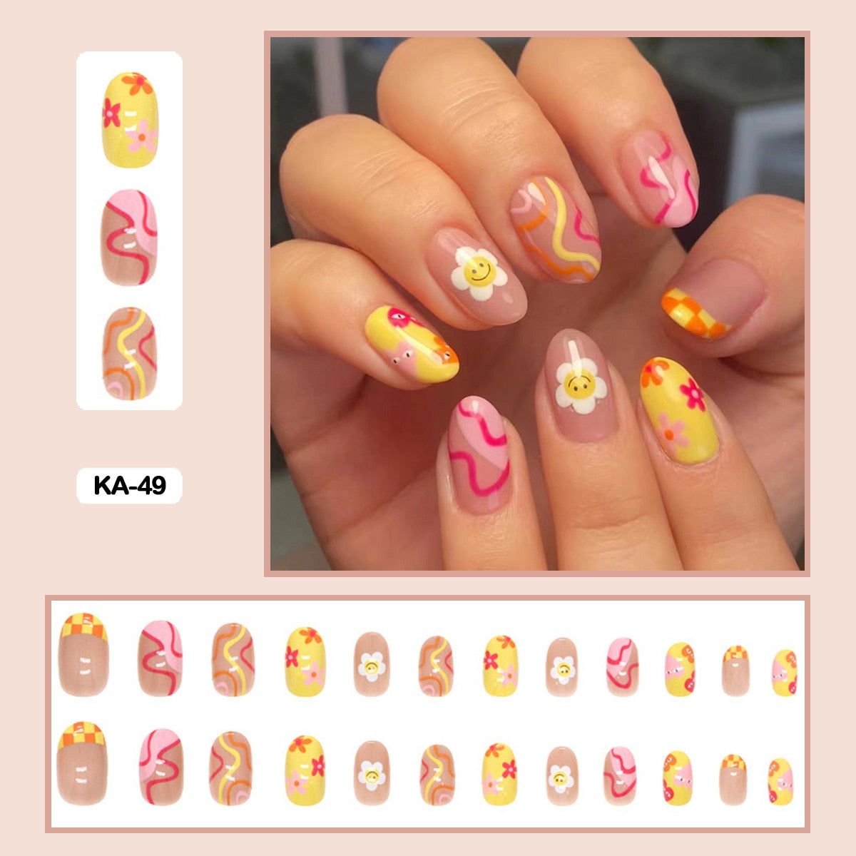 24pcs Girlish Colorful Graffiti Nail Art Fake Nails With Glue Pink Purple Short Press on False Nails With Wearing Tools