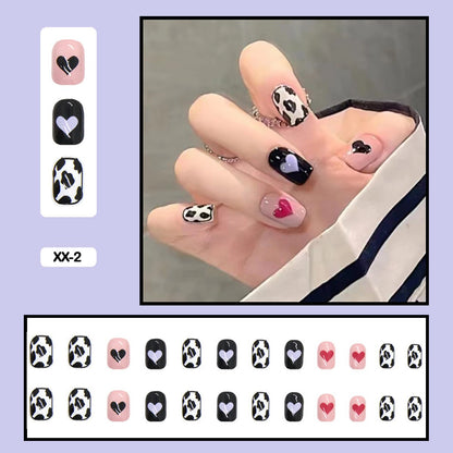 24pcs Girlish Colorful Graffiti Nail Art Fake Nails With Glue Pink Purple Short Press on False Nails With Wearing Tools