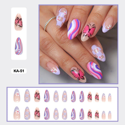 24pcs Girlish Colorful Graffiti Nail Art Fake Nails With Glue Pink Purple Short Press on False Nails With Wearing Tools