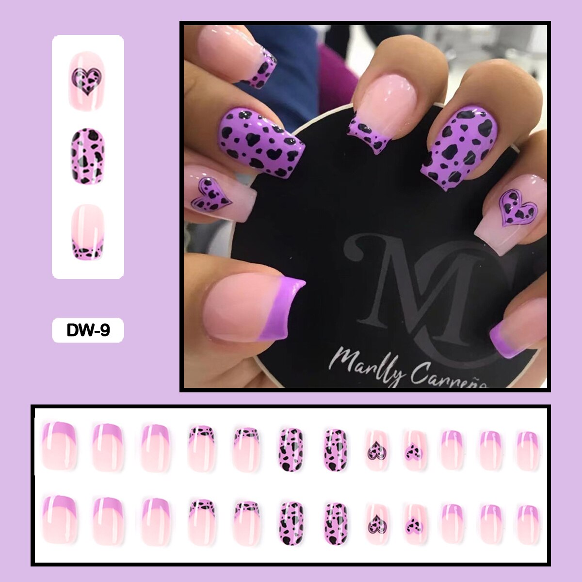 24pcs Girlish Colorful Graffiti Nail Art Fake Nails With Glue Pink Purple Short Press on False Nails With Wearing Tools