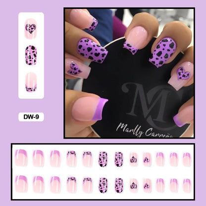 24pcs Girlish Colorful Graffiti Nail Art Fake Nails With Glue Pink Purple Short Press on False Nails With Wearing Tools