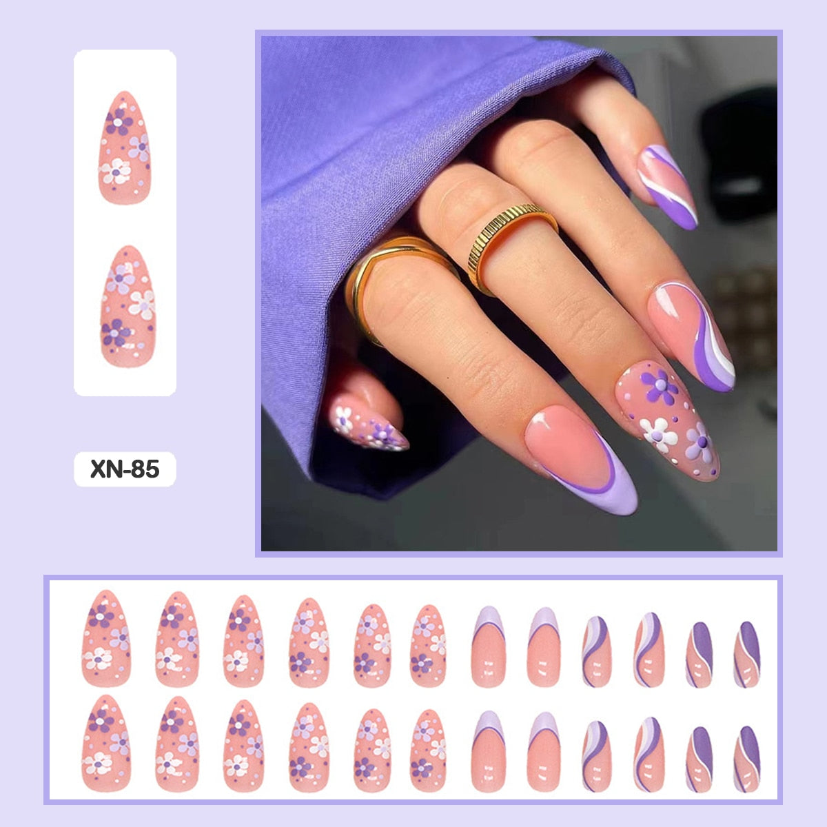 24pcs Girlish Colorful Graffiti Nail Art Fake Nails With Glue Pink Purple Short Press on False Nails With Wearing Tools