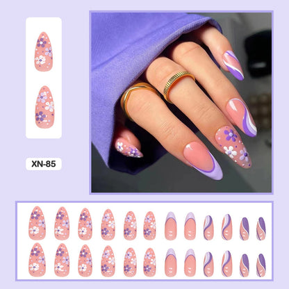 24pcs Girlish Colorful Graffiti Nail Art Fake Nails With Glue Pink Purple Short Press on False Nails With Wearing Tools