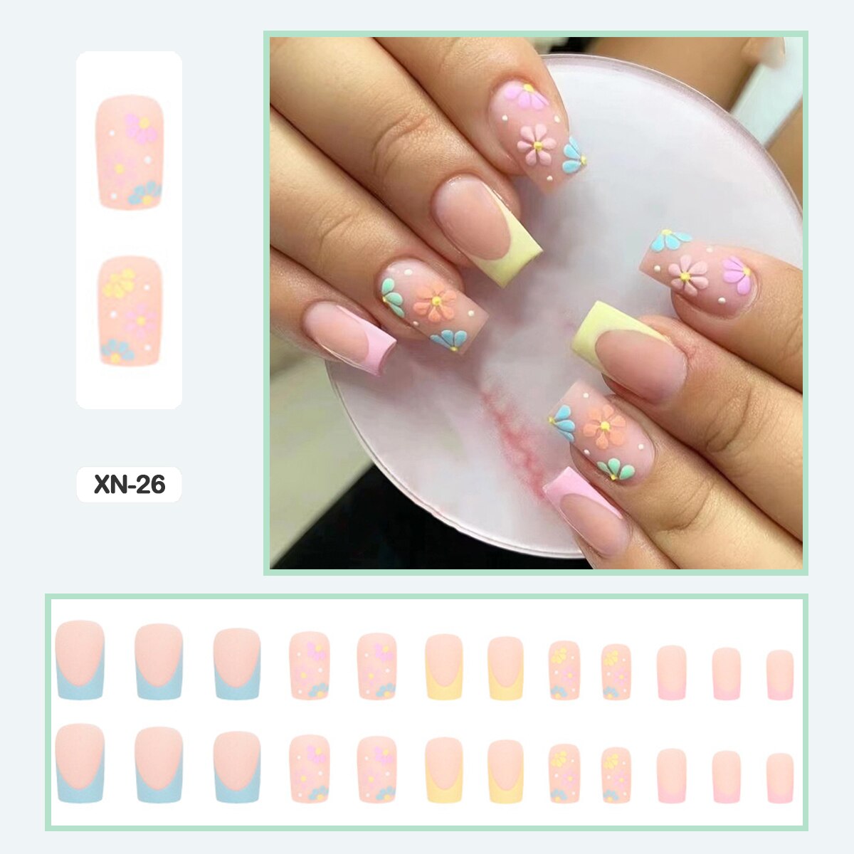 24pcs Girlish Colorful Graffiti Nail Art Fake Nails With Glue Pink Purple Short Press on False Nails With Wearing Tools