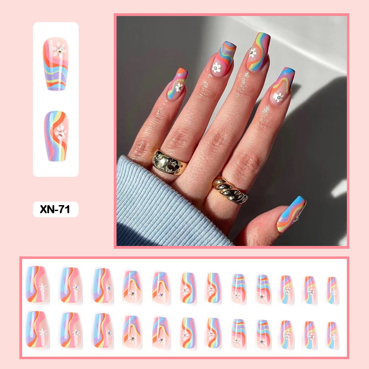 24pcs Girlish Colorful Graffiti Nail Art Fake Nails With Glue Pink Purple Short Press on False Nails With Wearing Tools