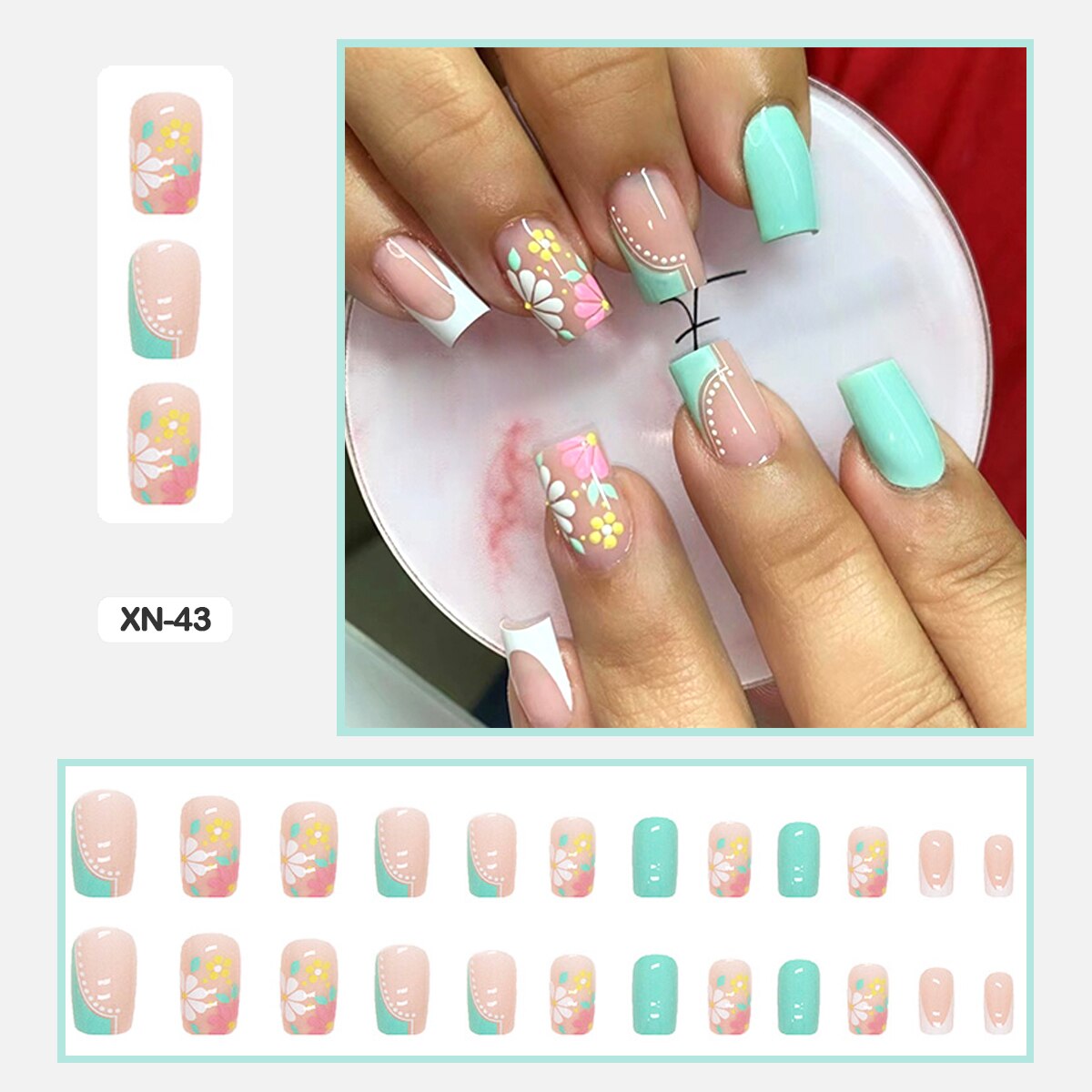 24pcs Girlish Colorful Graffiti Nail Art Fake Nails With Glue Pink Purple Short Press on False Nails With Wearing Tools